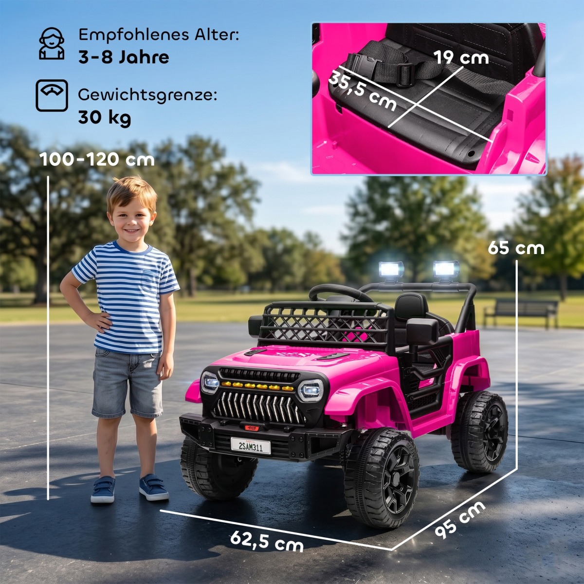 Bērnu elektromobilis, 12 V, 2 motori, tālvadības pults, LED gaismas, mūzika, rozā