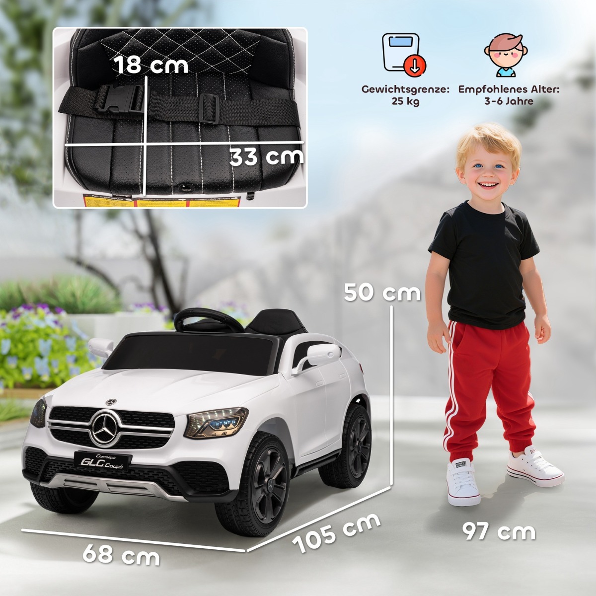 Mercedes-Benz GLC Coupé bērnu elektromobilis 12 V ar tālvadības pulti, 3 ātrumiem, balts