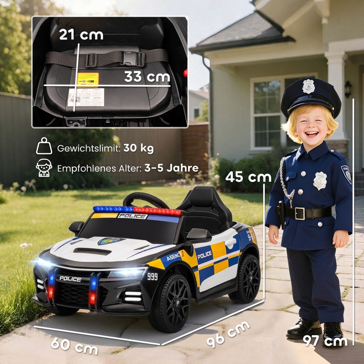 Balts 12 V bērnu elektriskais policijas auto ar tālvadības pulti un sirēnu