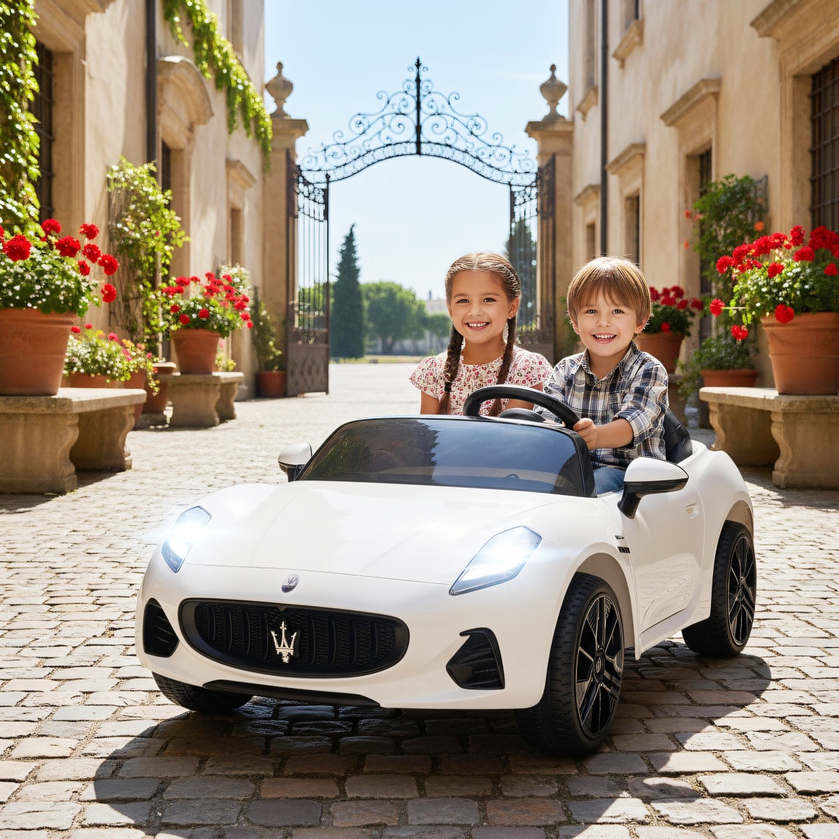 Maserati bērnu elektromobilis ar 2 sēdvietām, 12 V, ar tālvadības pulti, balts