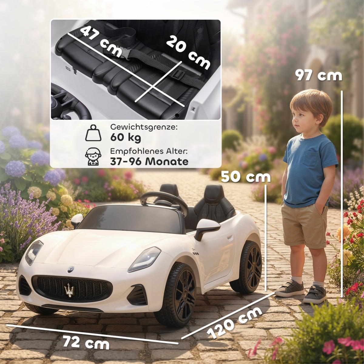 Valge Maserati elektriauto bērniem, 2-kohaline, 12 V, puldi 