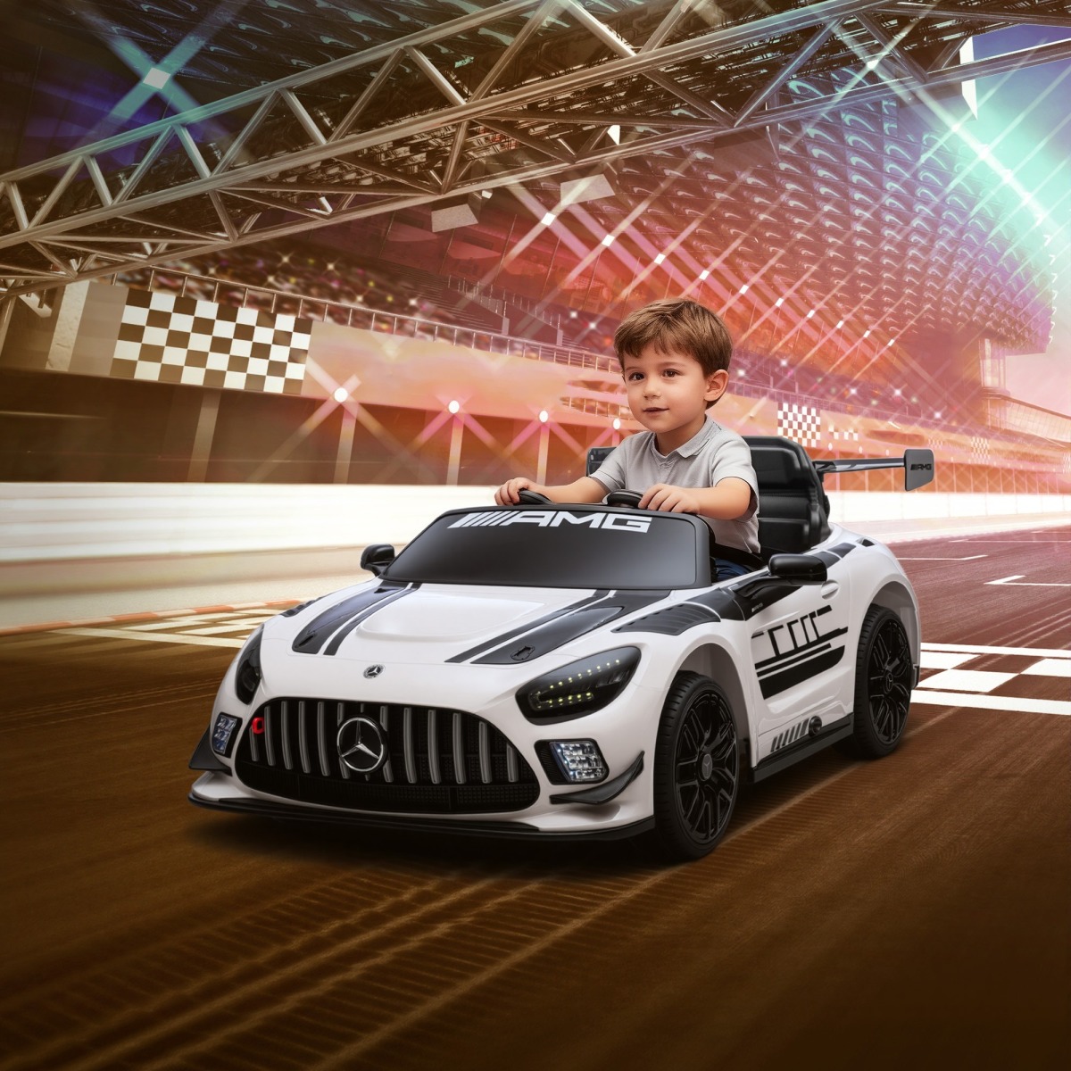 Bērnu elektriskais Mercedes-AMG auto 12 V, LED gaismas, mūzika, balts