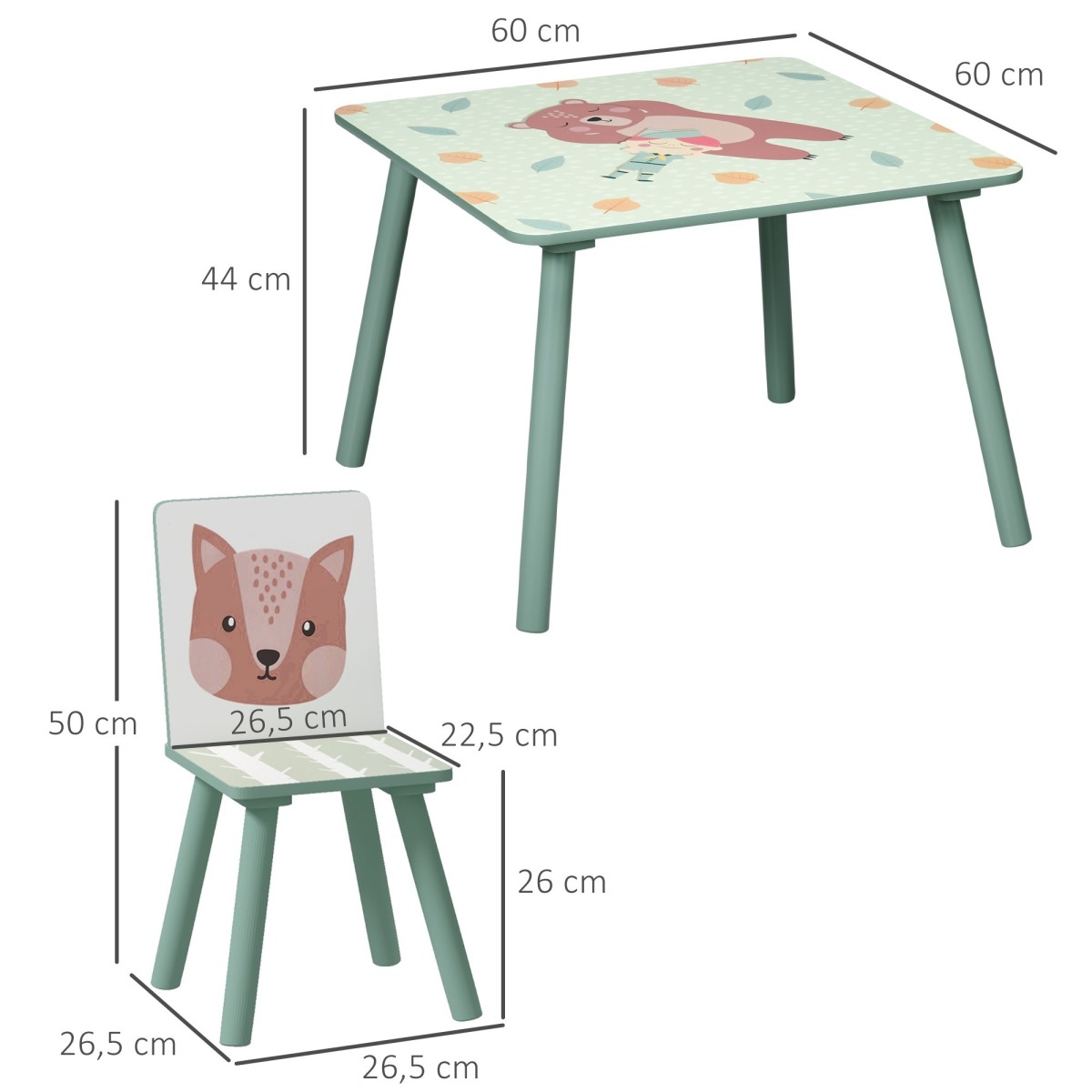 Zaļš bērnu galds un 2 krēsli ar lapsas un lāča motīviem | MIU Kids