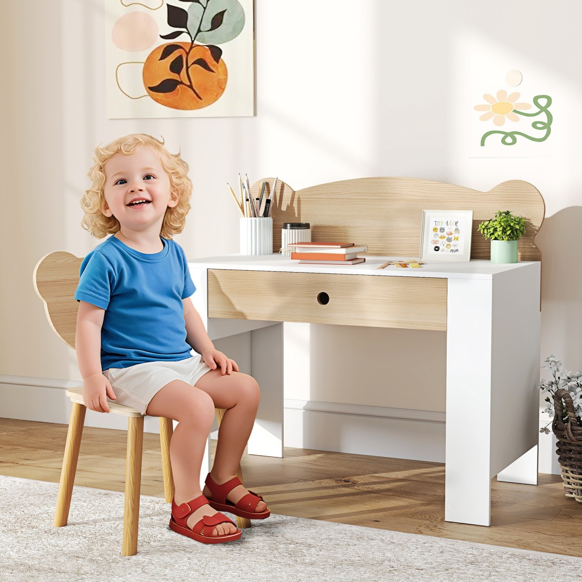 Bērnu rakstāmgalds ar lāča motīva krēslu un atvilktni, dabīgā koka un baltā krāsā | MIU Kids