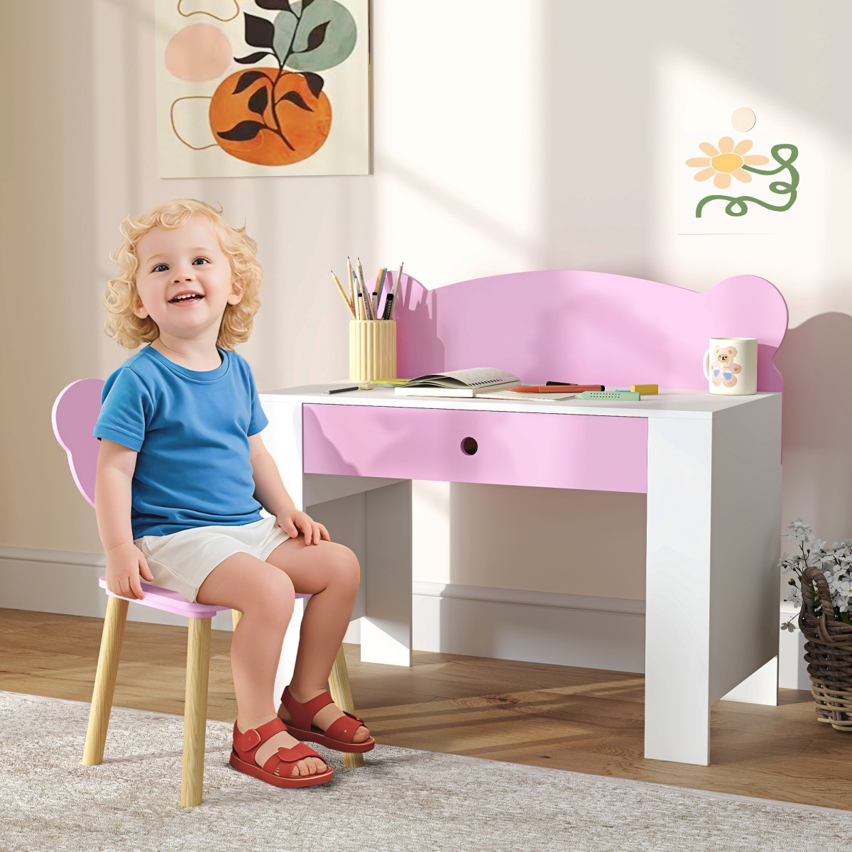 Rozā bērnu rakstāmgalds un krēsls ar lāča formas atzveltni un atvilktni | MIU Kids