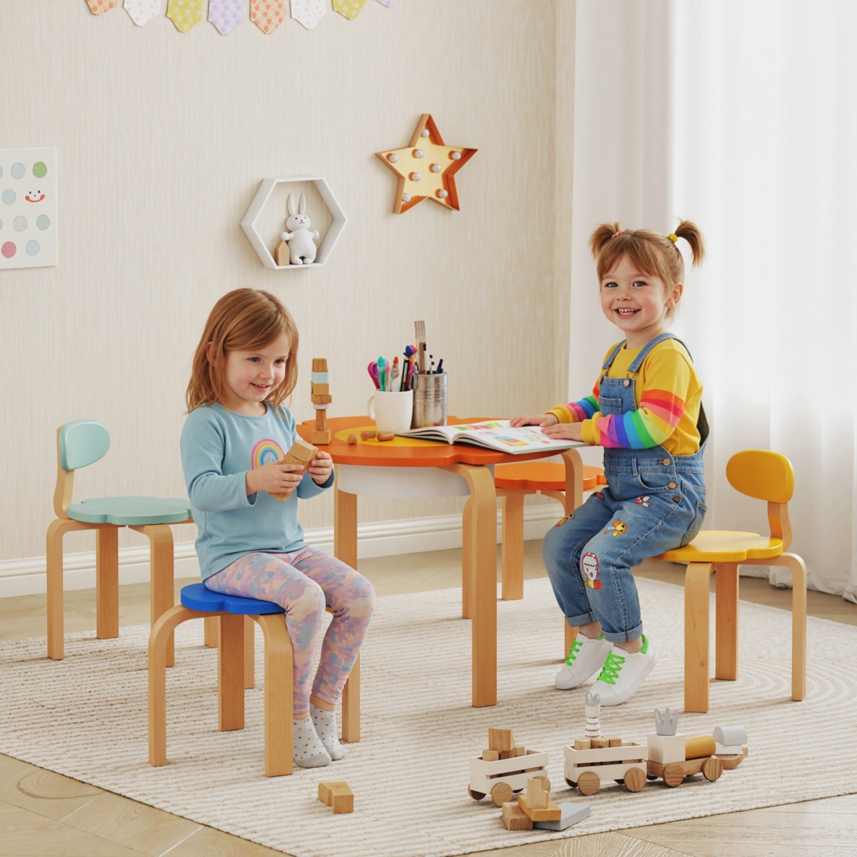 5 daļu bērnu galda un krēslu komplekts ar ziedu motīvu un uzglabāšanas somu | MIU Kids