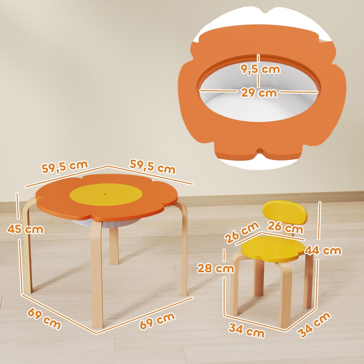 5 daļu bērnu galda un krēslu komplekts ar ziedu motīvu un uzglabāšanas somu | MIU Kids