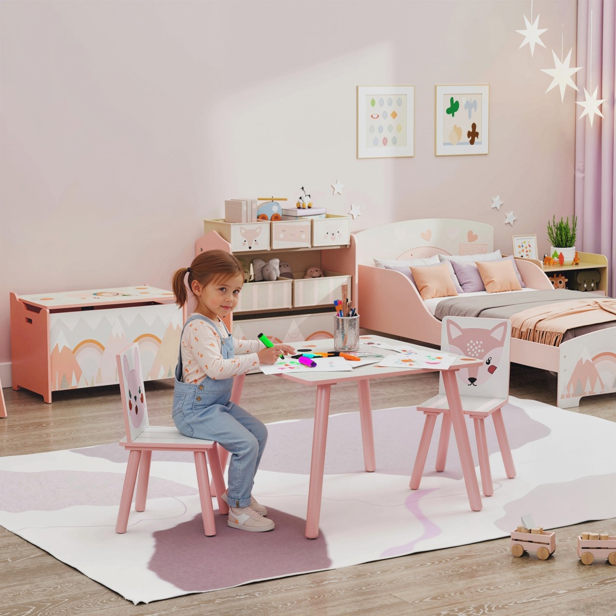 Rozā bērnu galds ar 2 krēsliem, lapsas un zaķa motīviem | MIU Kids