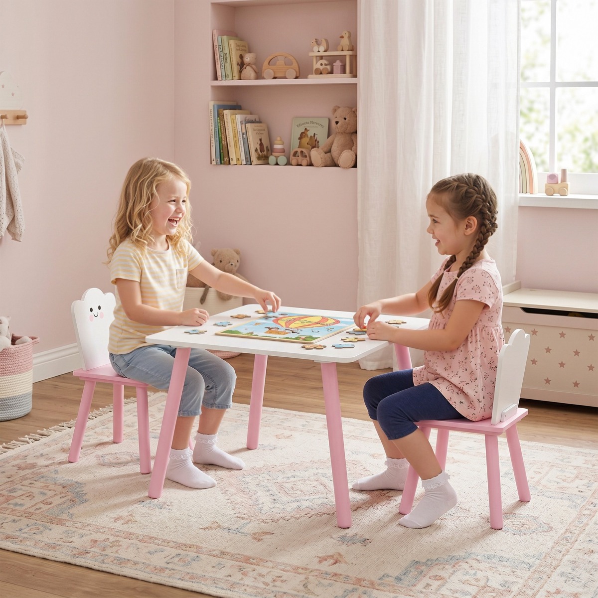 Rozā un balts bērnu galds ar 2 krēsliem, cukurvates stilā | MIU Kids