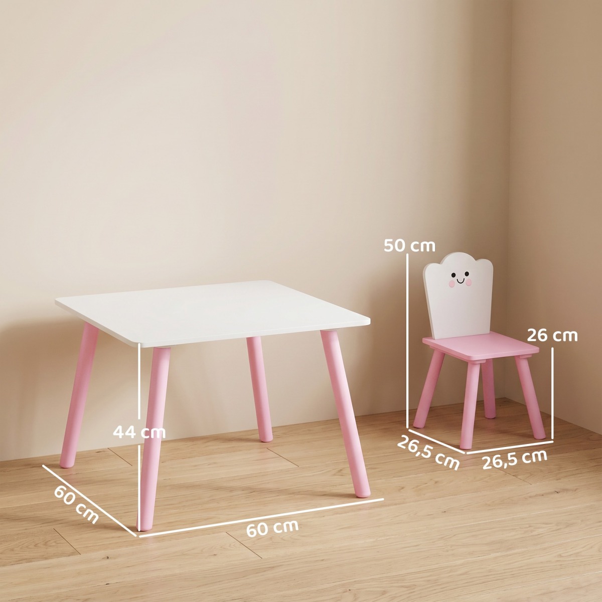 Rozā un balts bērnu galds ar 2 krēsliem, cukurvates stilā | MIU Kids