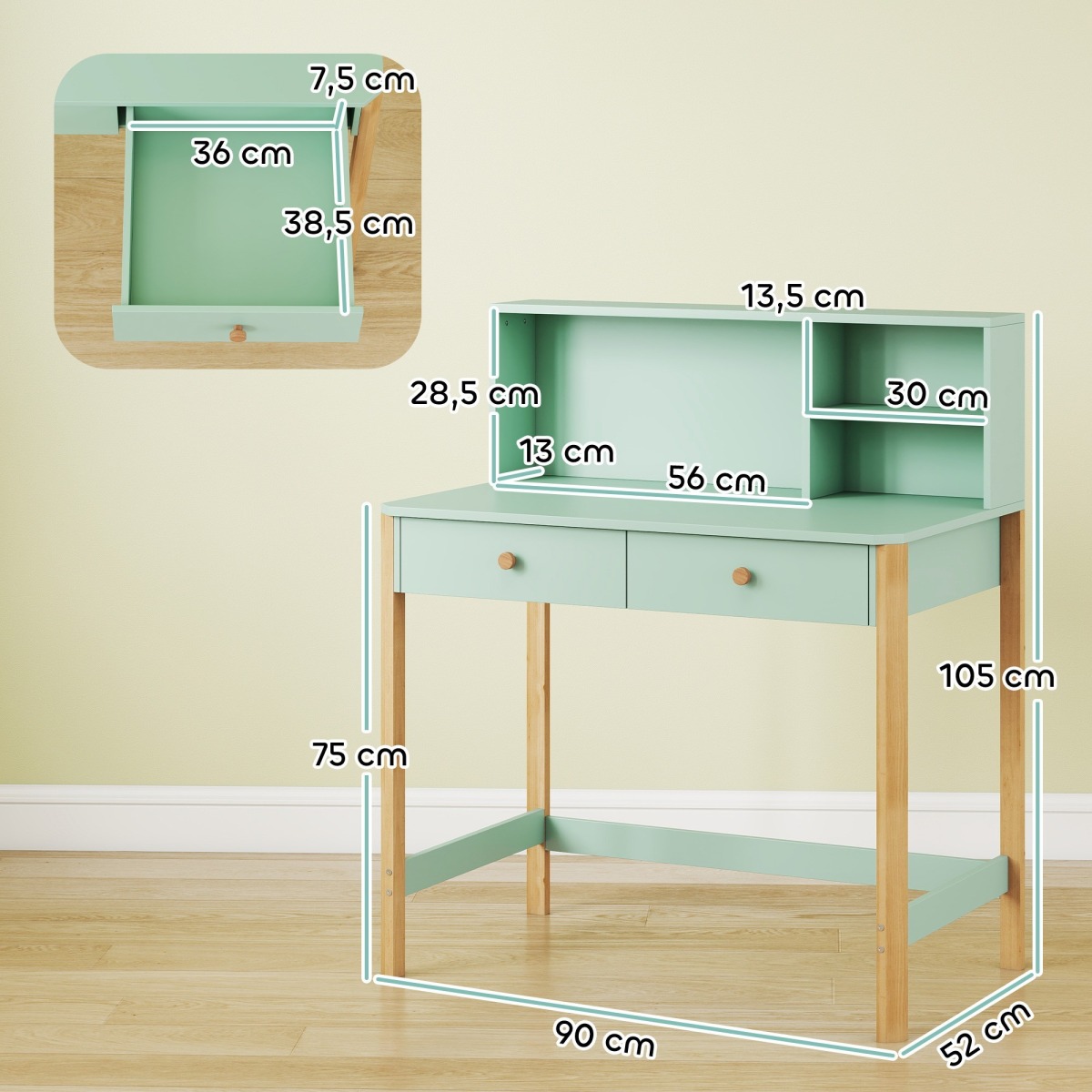 Zaļš bērnu rakstāmgalds ar atvilktni, plauktu un uzglabāšanas vietu, 90 cm | MIU Kids