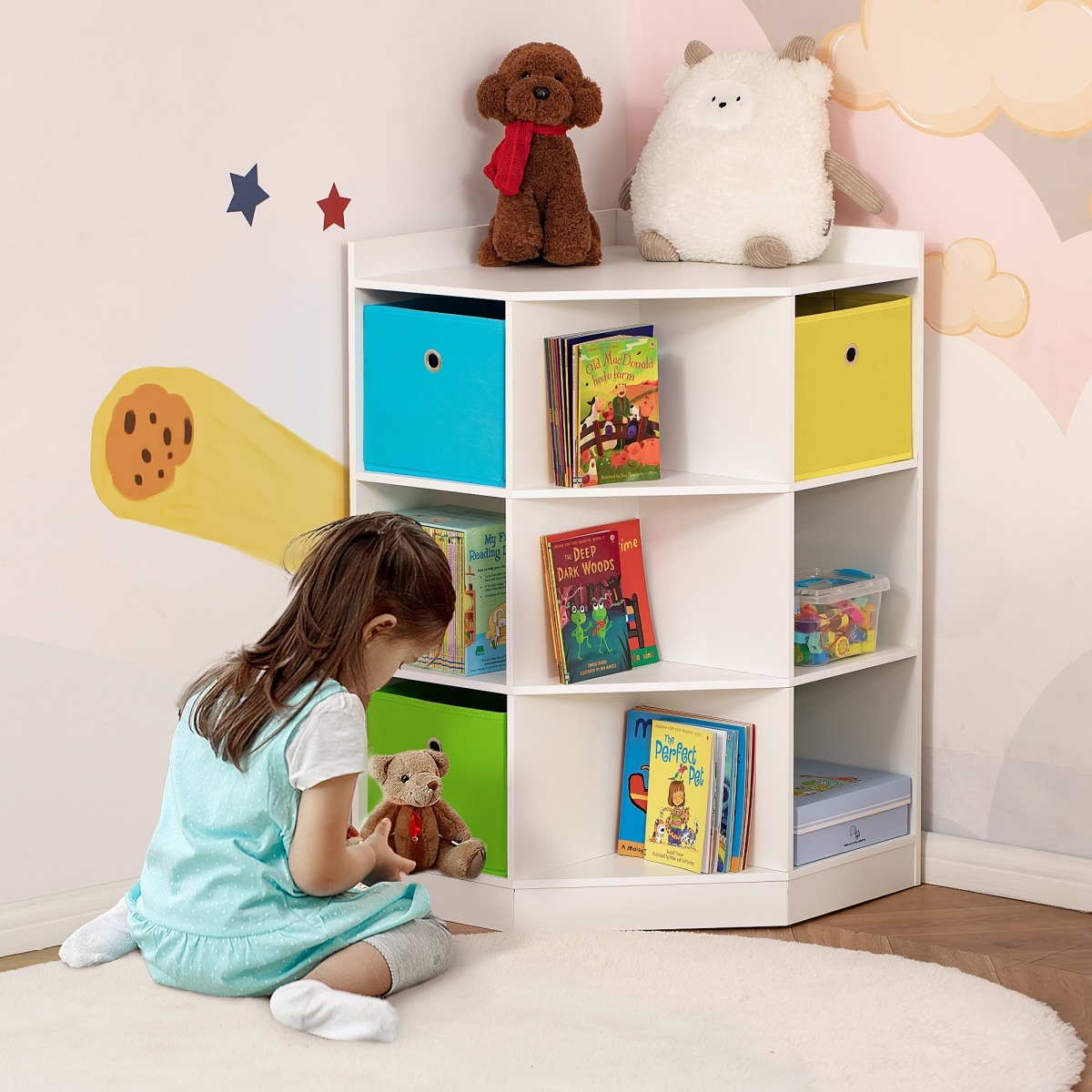 Balts stūra plaukts bērniem ar 3 auduma atvilktnēm | MIU Kids