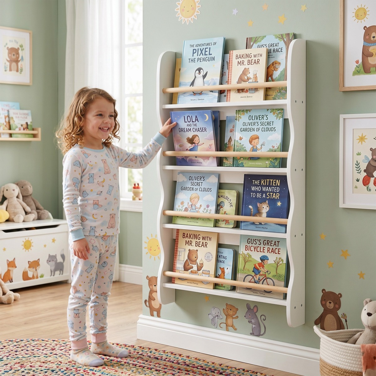 Valge Montessori laste raamaturiiul 4 riiuliga, 60 × 10 × 98