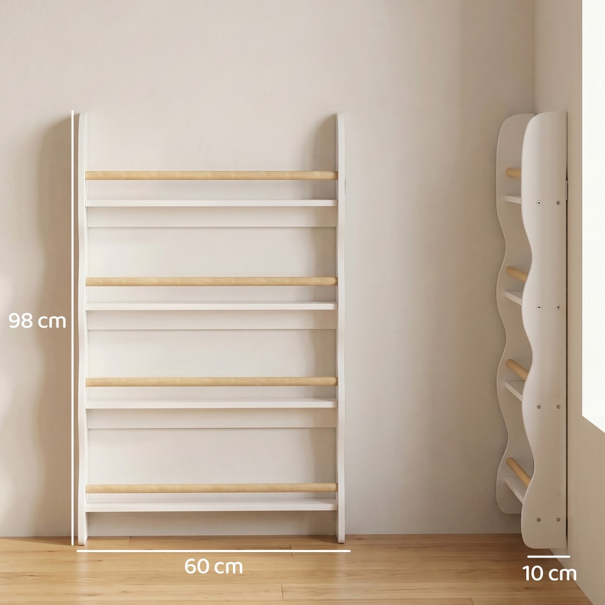 Valge Montessori laste raamaturiiul 4 riiuliga, 60 × 10 × 98