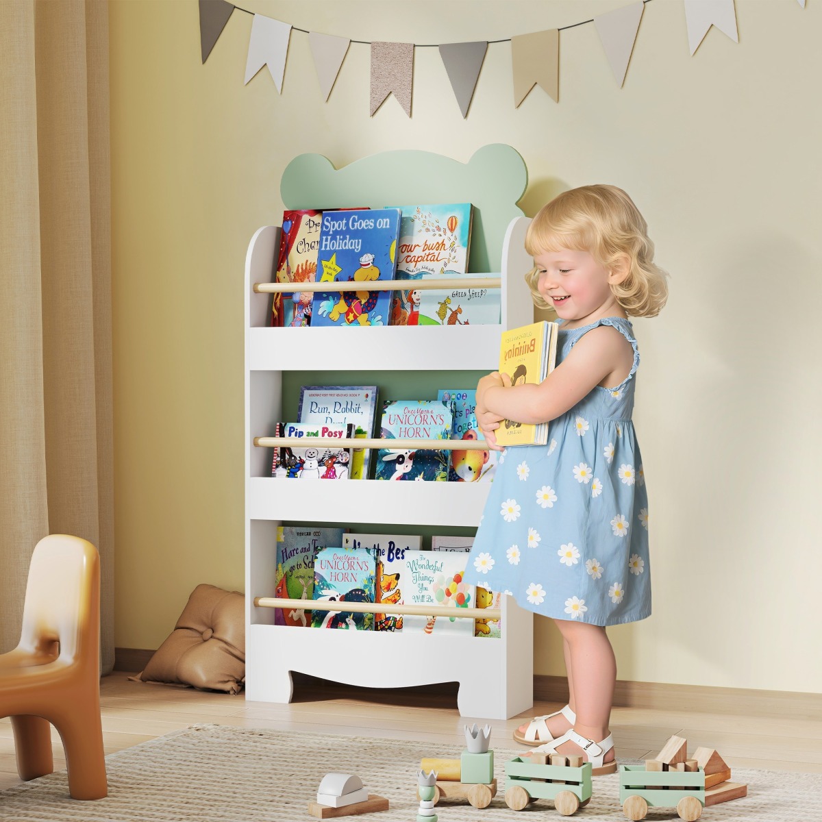 Zaļš 3 līmeņu bērnu grāmatu plaukts lāča formā, 110 cm | MIU Kids