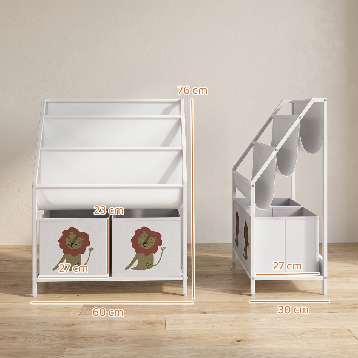 Balts bērnu grāmatu plaukts ar 3 auduma plauktiem un 2 nodalījumiem, 76 cm