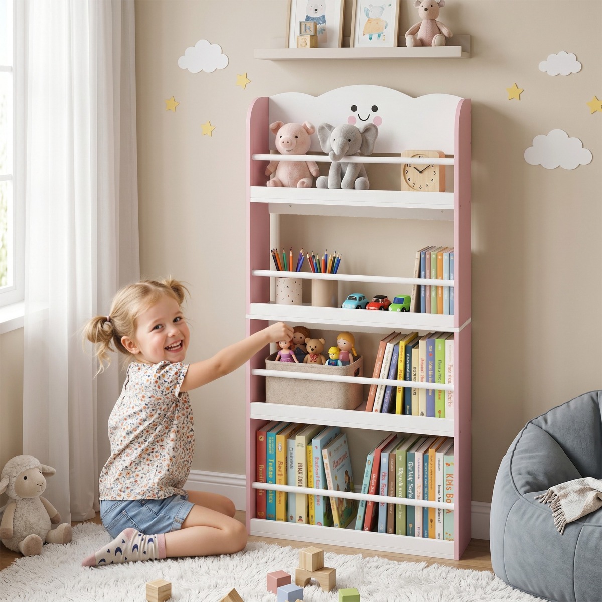 Rozā bērnu grāmatu plaukts Candyfloss, 4 līmeņi, 120.5 cm | MIU Kids