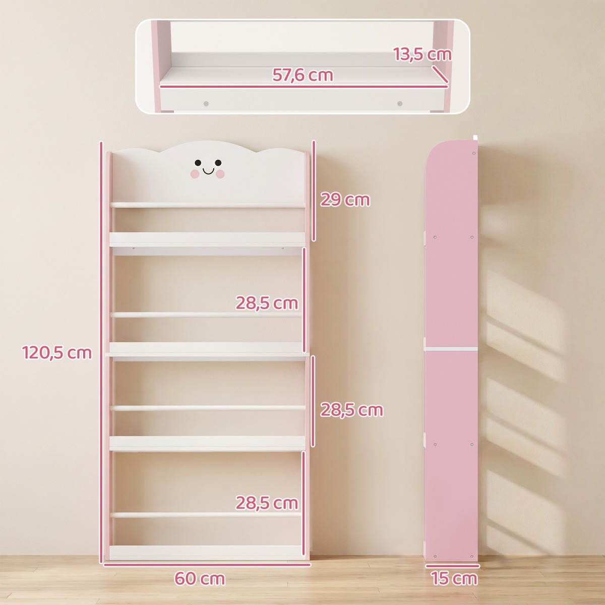 Rozā bērnu grāmatu plaukts Candyfloss, 4 līmeņi, 120.5 cm | MIU Kids