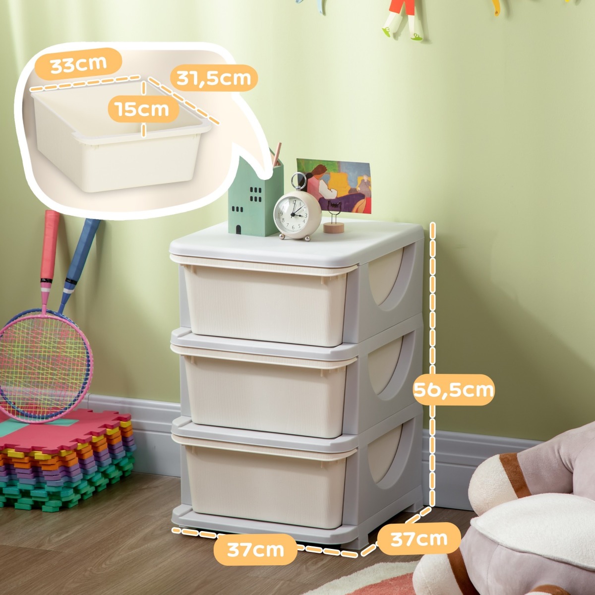 Krēmkrāsas plastmasas uzglabāšanas mēbele bērniem ar 3 atvilktnēm, 37 × 37 × 56.5 cm