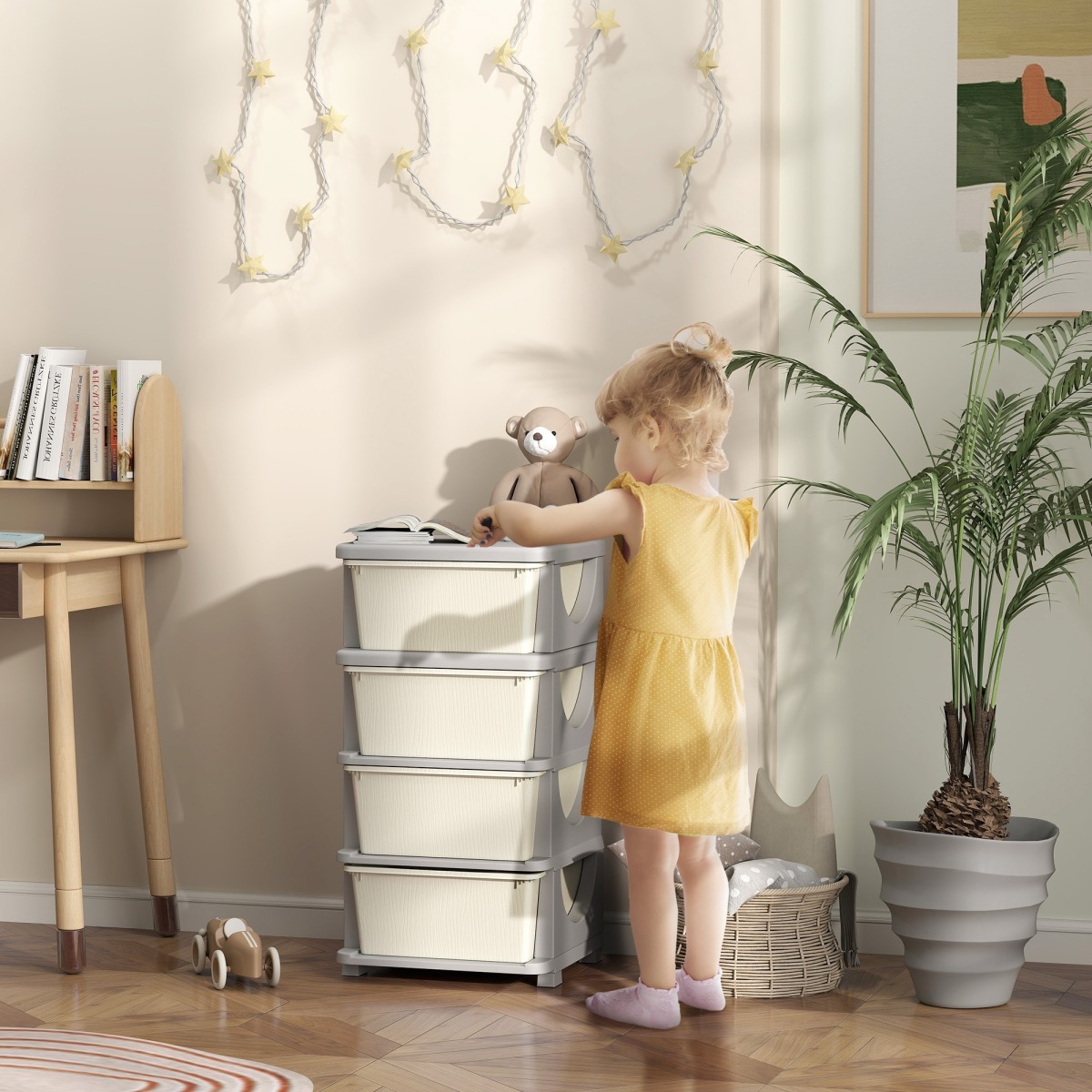 Kreemvalge plastikust laste hoiukast nelja suure sahtliga, 3