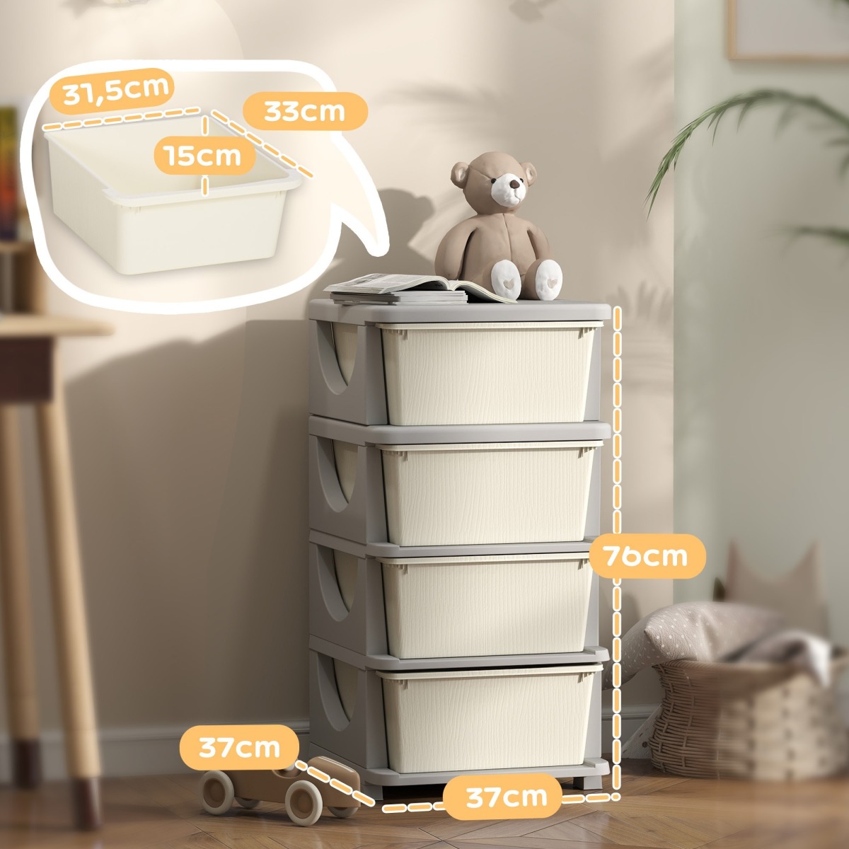 Kreemvalge plastikust laste hoiukast nelja suure sahtliga, 3