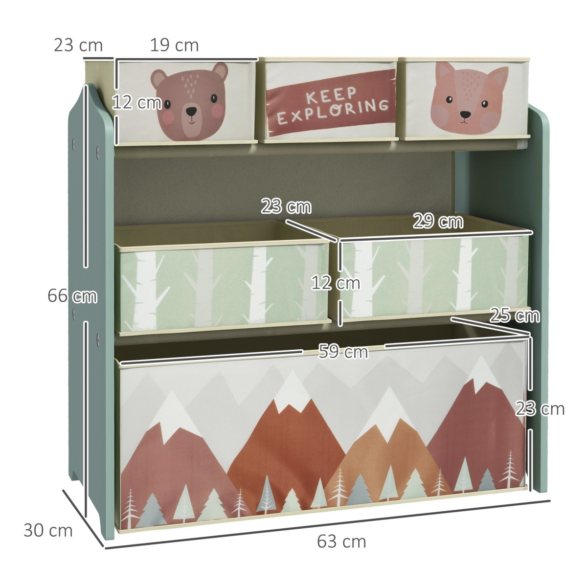 Zaļš bērnu plaukts ar 6 auduma kastēm, 63 × 30 × 66 cm