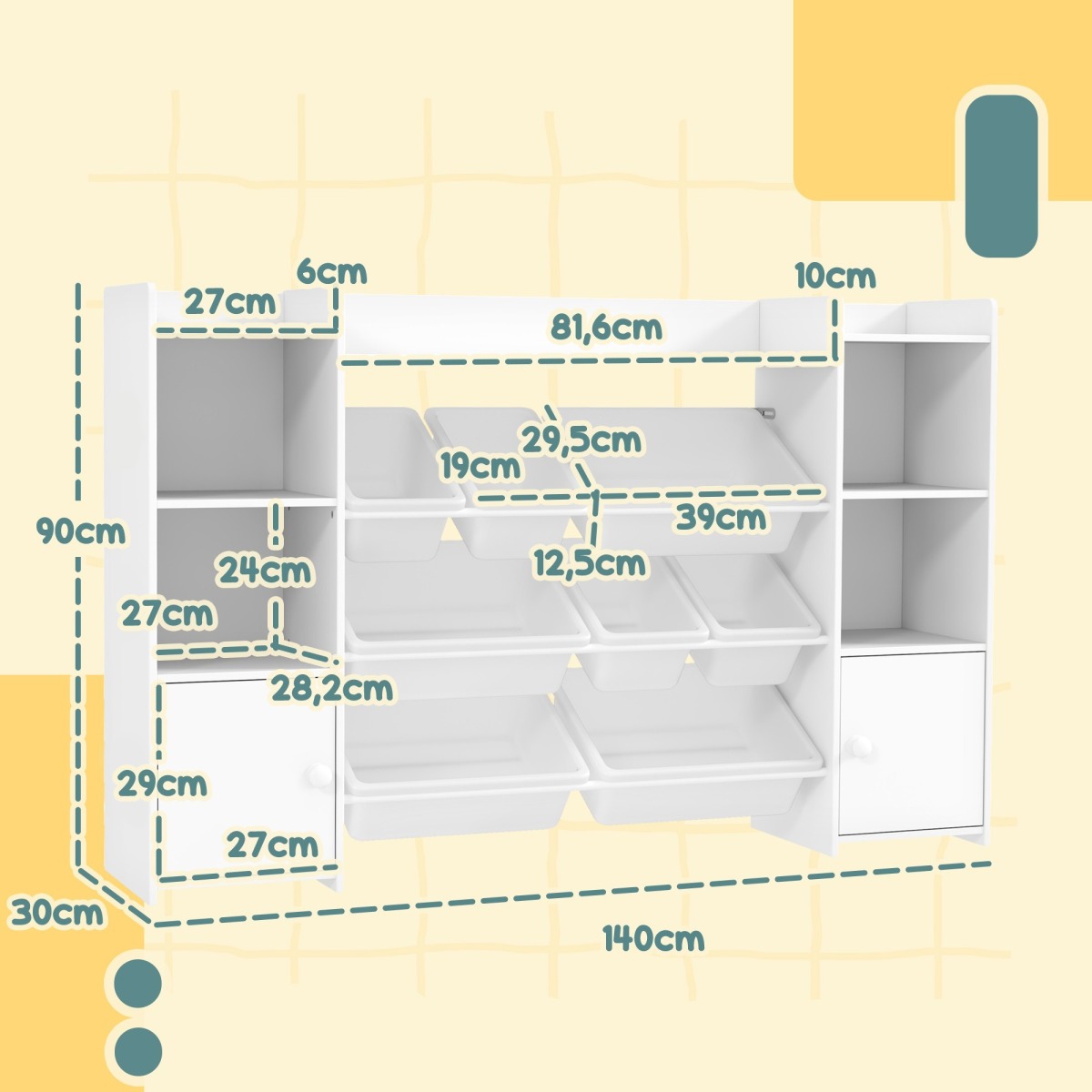 Balts bērnu plaukts ar 8 izņemamām kastēm, 140 cm | MIU Kids