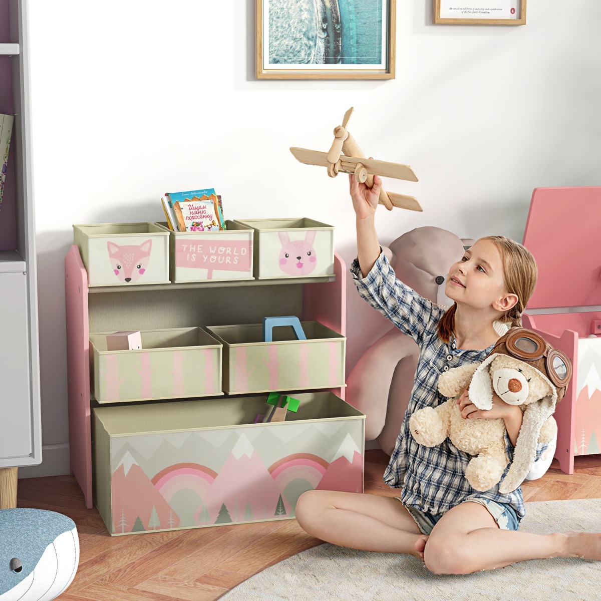 Rozā bērnu plaukts ar 6 auduma kastēm, 63 × 30 × 66 cm | MIU Kids