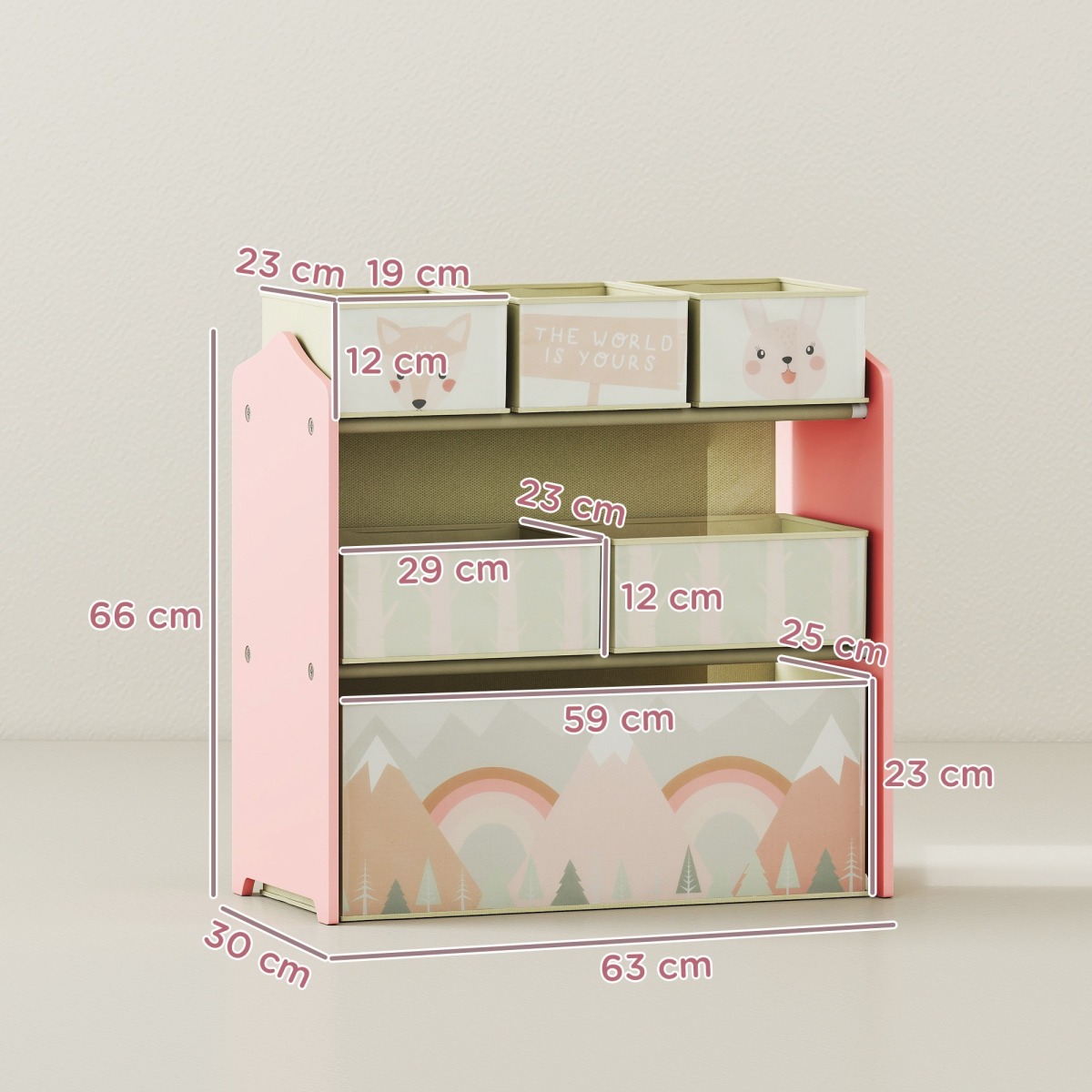 Rozā bērnu plaukts ar 6 auduma kastēm, 63 × 30 × 66 cm | MIU Kids