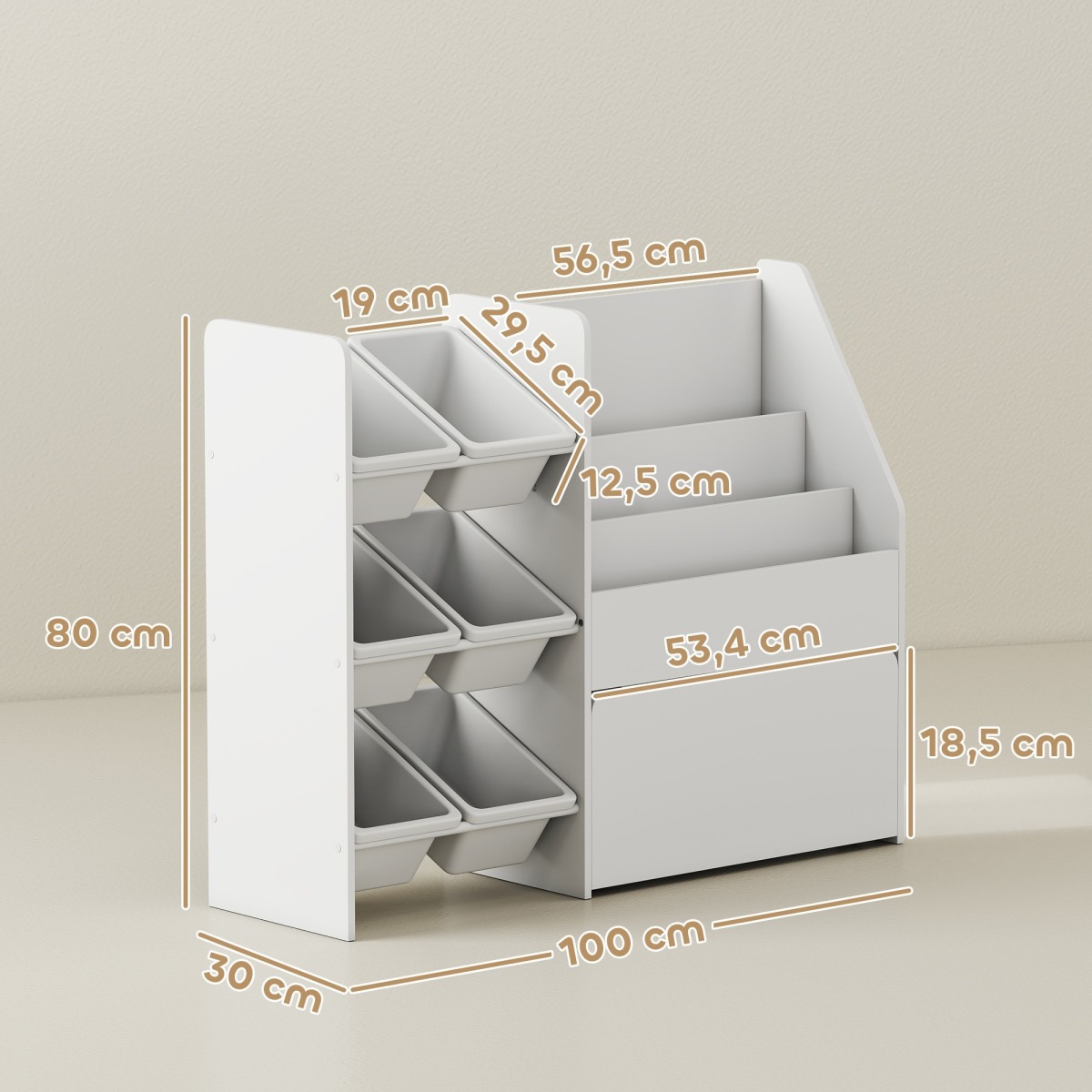Balts bērnu rotaļlietu plaukts ar 6 kastēm un grāmatu plauktu, 100 × 30 × 80 cm