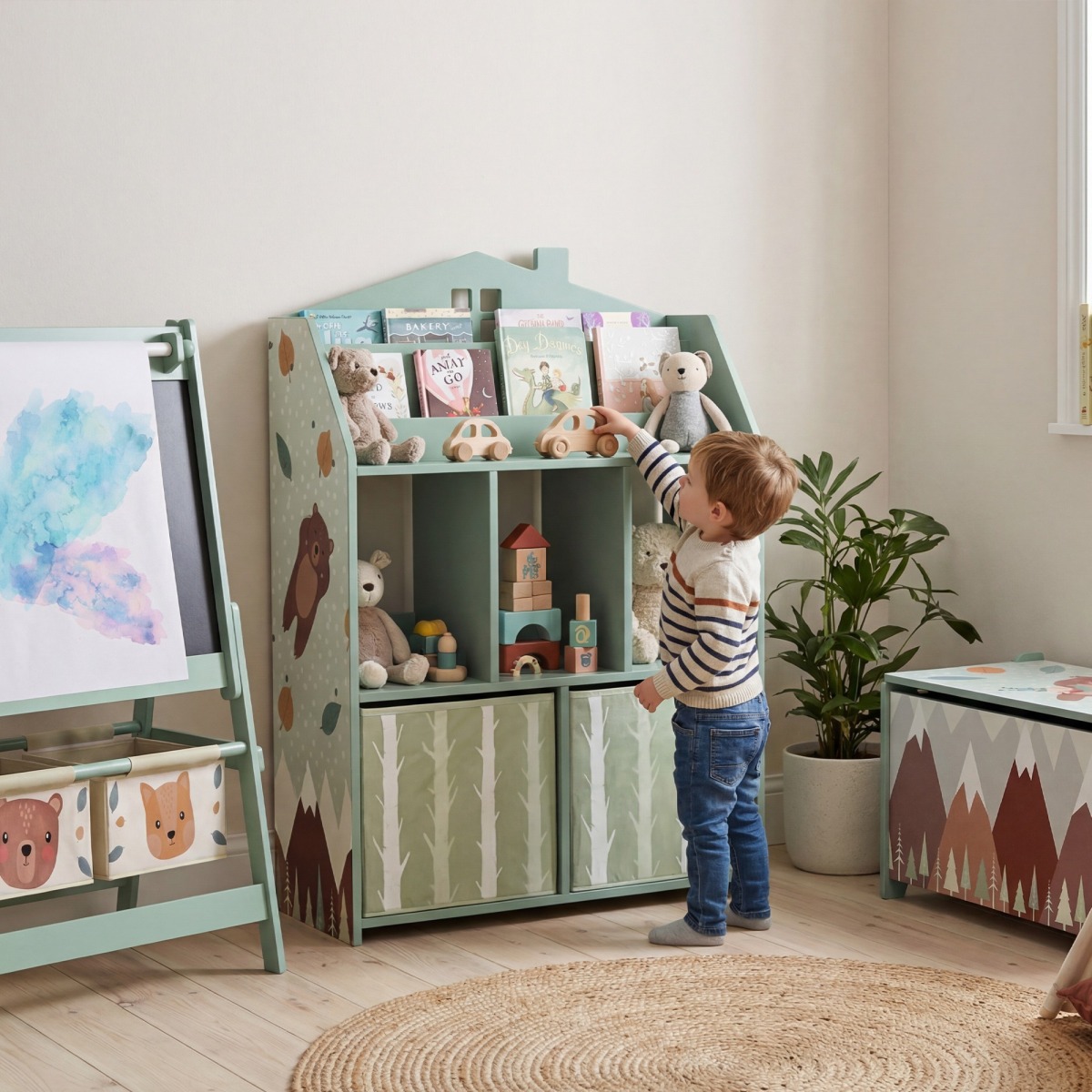 Bērnu grāmatu plaukts Green House ar 2 auduma atvilktnēm, 91.5 cm | MIU Kids
