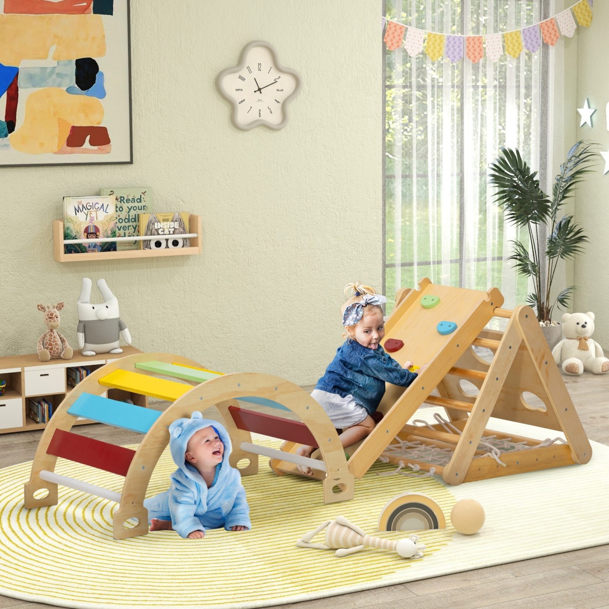 7-in-1 iekštelpu kāpelēšanas komplekss ar trijstūri, slidkalniņu un arku