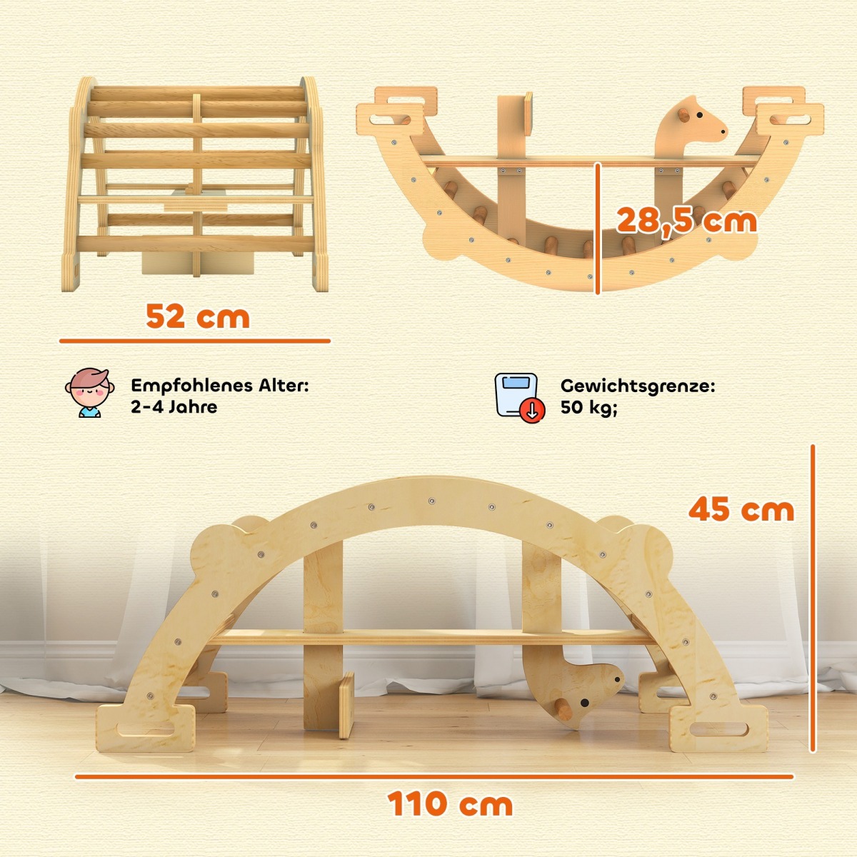 2-in-1 koka kāpelēšanas arka un šūpuļkrēsls bērniem, 110 cm