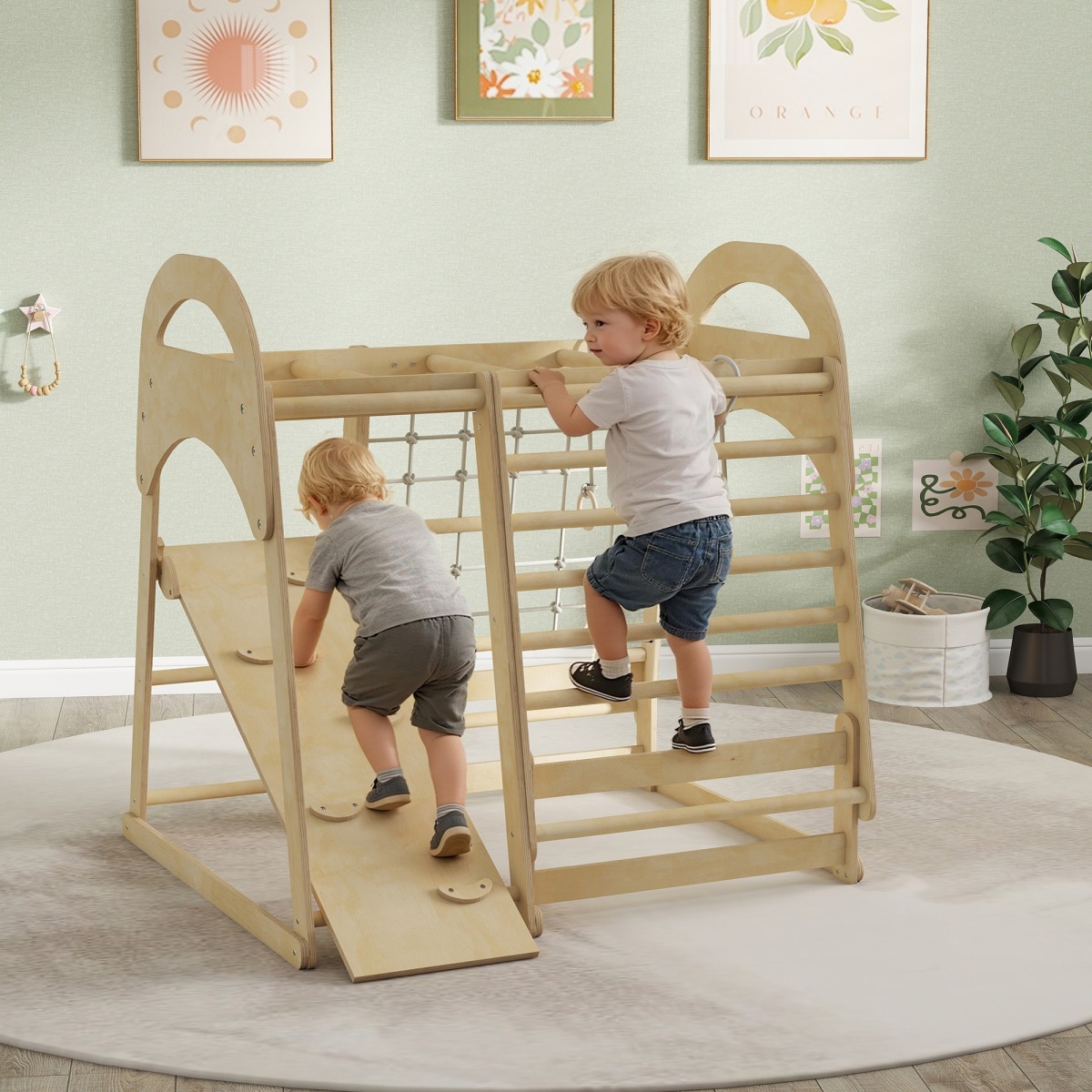 Koka 6-in-1 kāpšanas rāmis lietošanai telpās ar slidkalniņu un tīklu, 3–6 gadiem