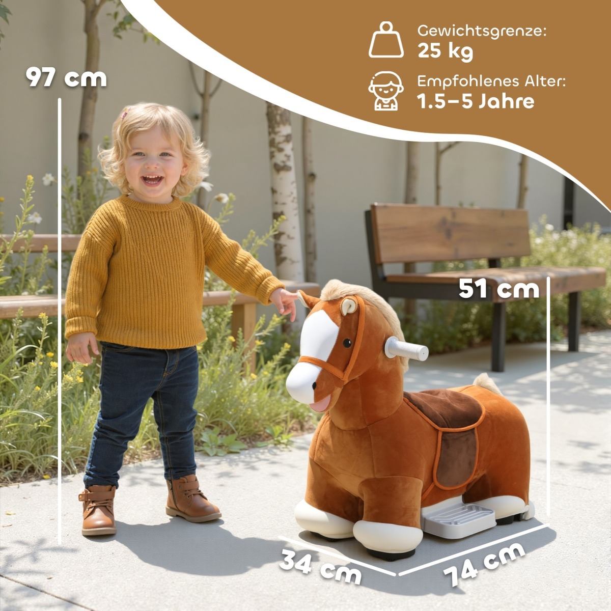 Brūns elektriskais zirgs jāšanai ar mūziku