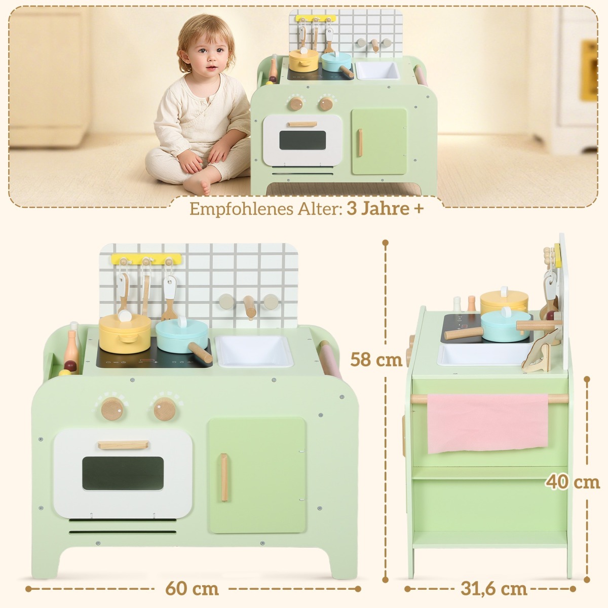 Roheline laste mänguköök MDF-ist, 15 tarvikuga, 40 cm