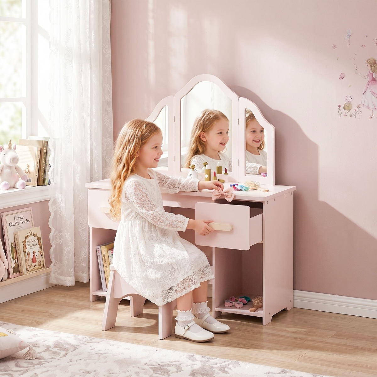 Roosa laste tualettlaud 2 sahtli, 2 kapi, tabureti ja eemald