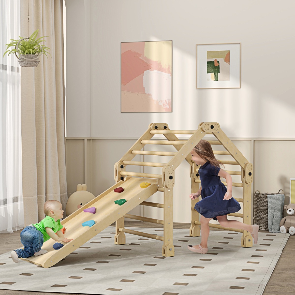 Saliekams 3-in-1 koka kāpelēšanas rāmis ar kāpnēm un slidkalniņu
