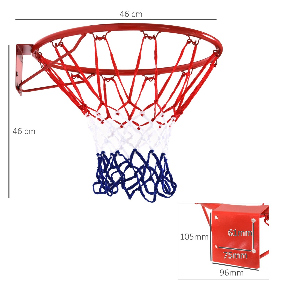 Pie sienas stiprināms sarkans, zils un balts basketbola grozs lietošanai iekštelpās un ārā