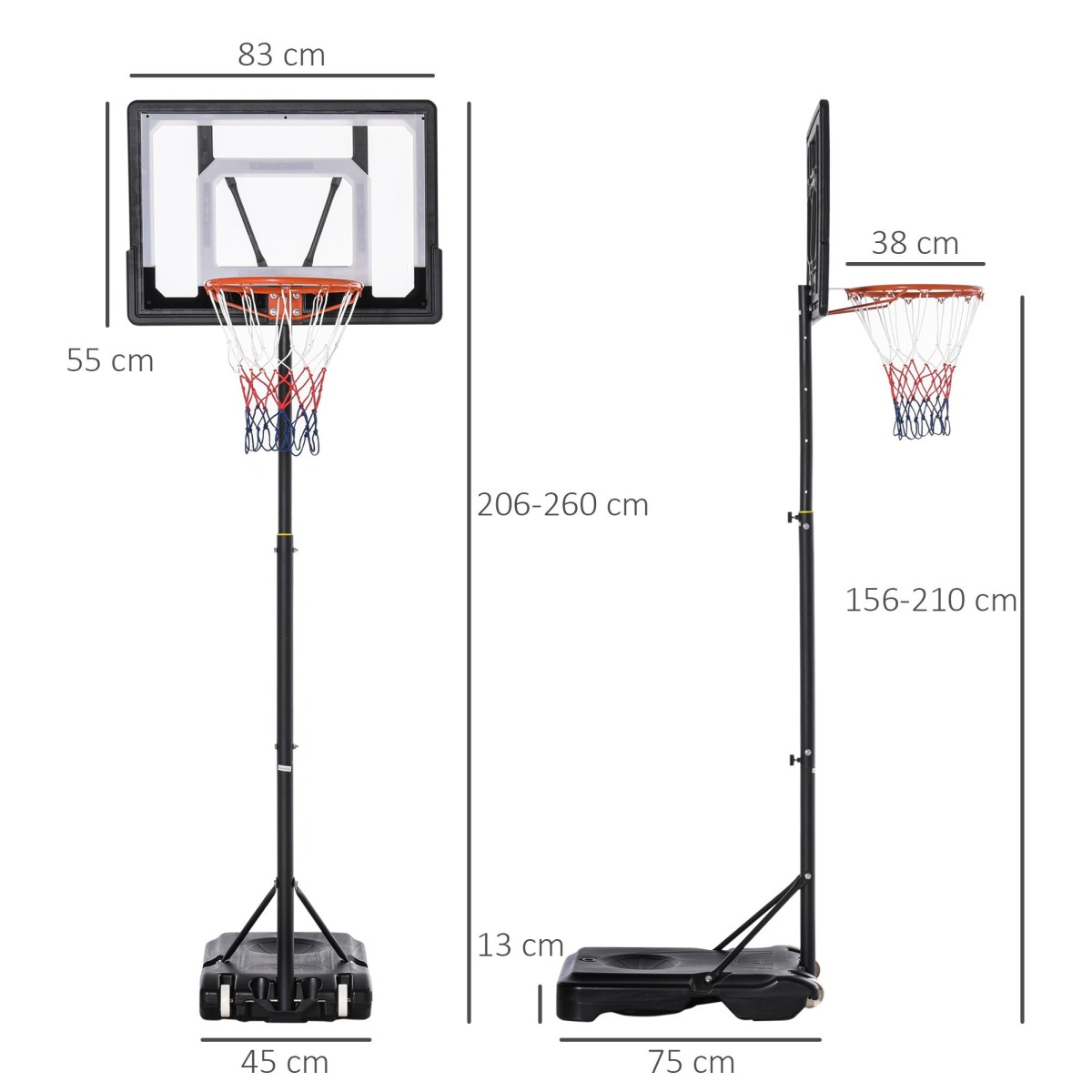 Regulējams basketbola grozs uz riteņiem, 156–210 cm
