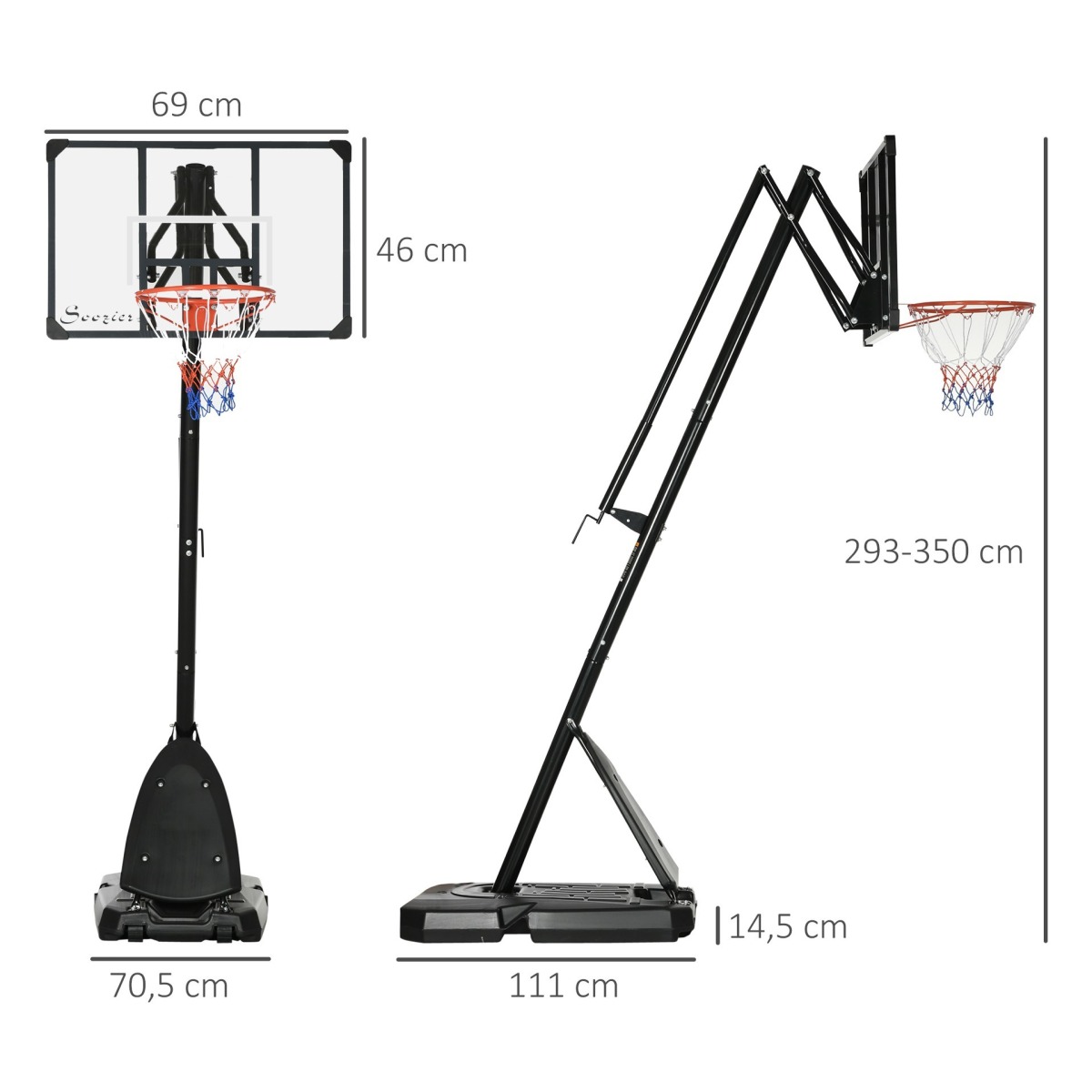 Sarkani melns basketbola grozs ar regulējamu augstumu 2,3–2,9 m