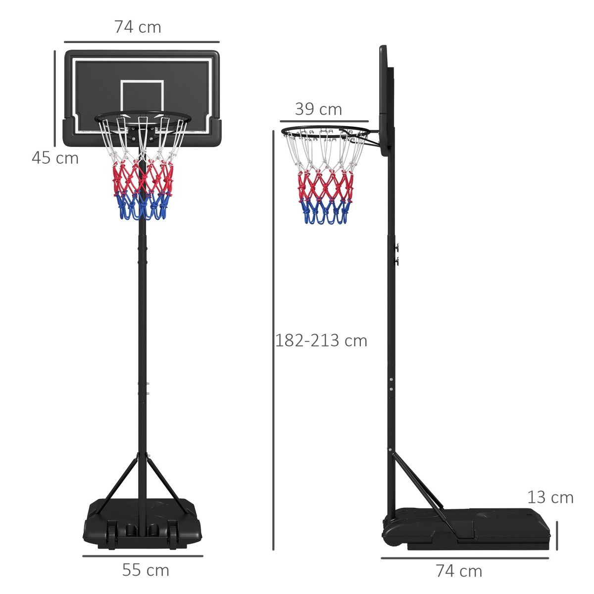 Pārvietojams basketbola grozs ar regulējamu augstumu, 1,82–2,13 m,