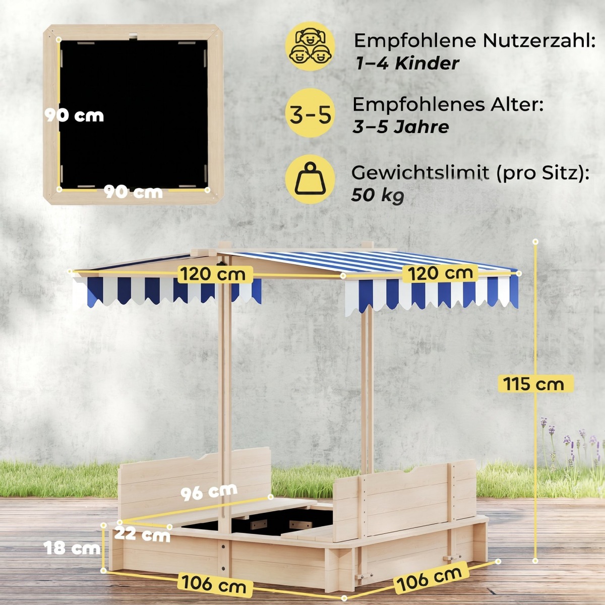 Koka smilšu kaste bērniem ar regulējamu zili baltu nojumi