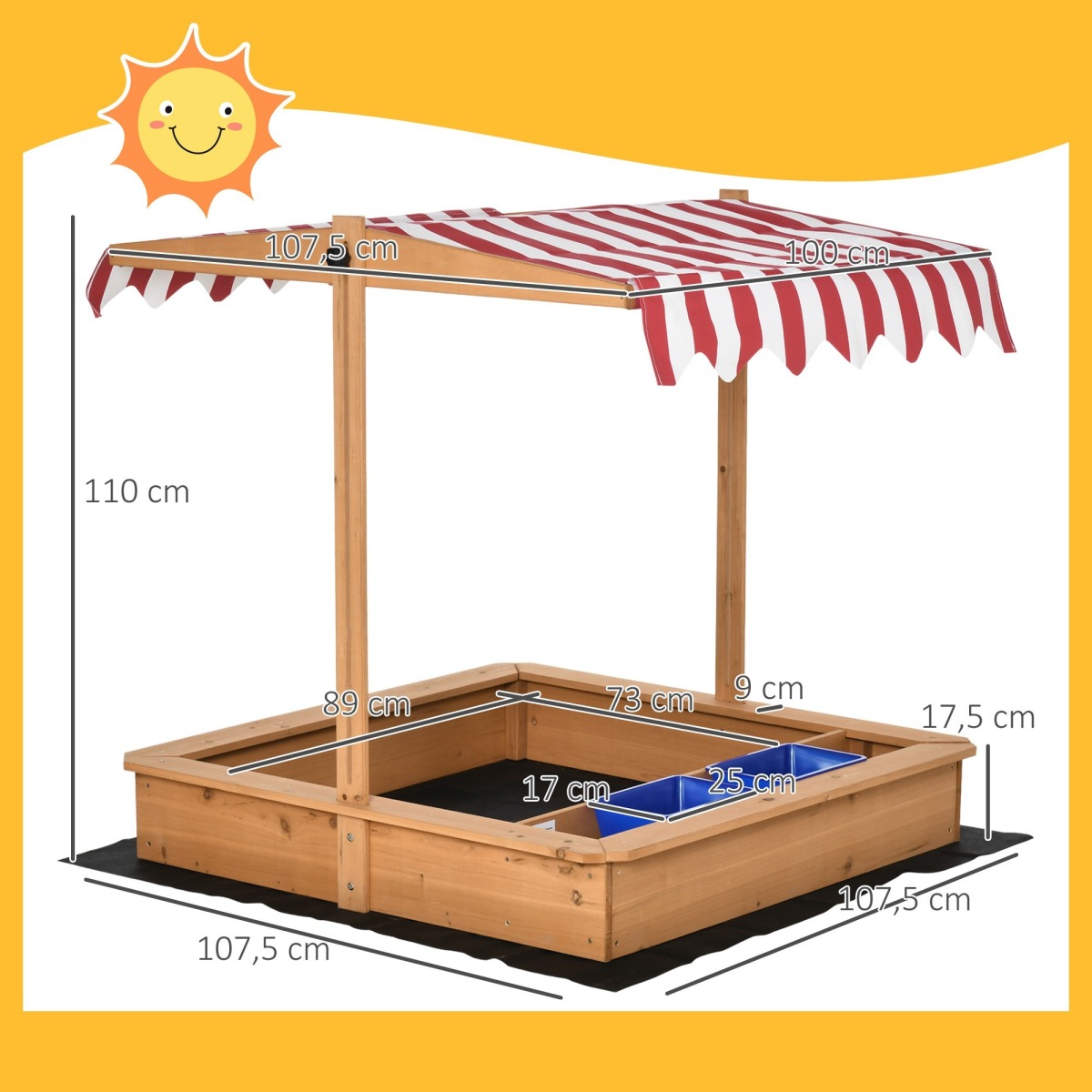 Koka smilšu kaste ar regulējamu jumtiņu, 107,5 × 107,5 cm