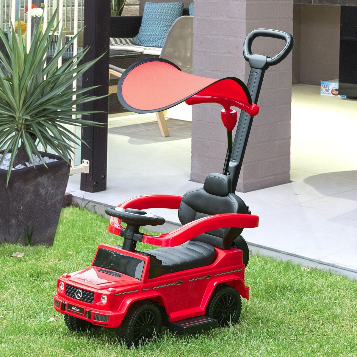 Sarkans 3-in-1 braucamratiņš ar stumšanas rokturi un stūri
