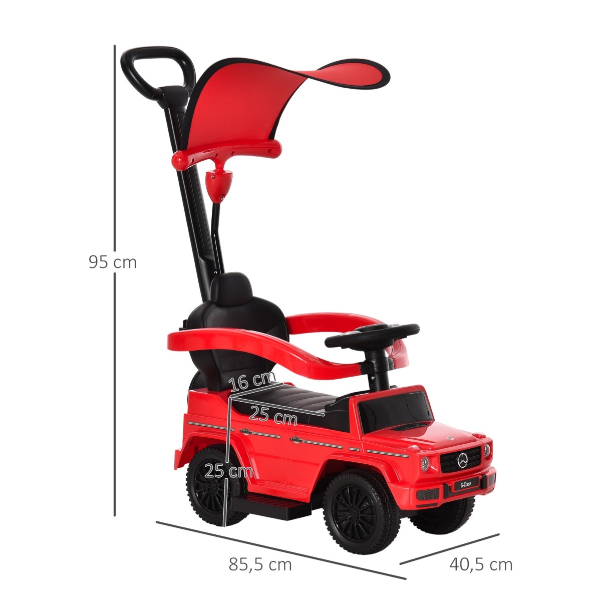 Sarkans 3-in-1 braucamratiņš ar stumšanas rokturi un stūri