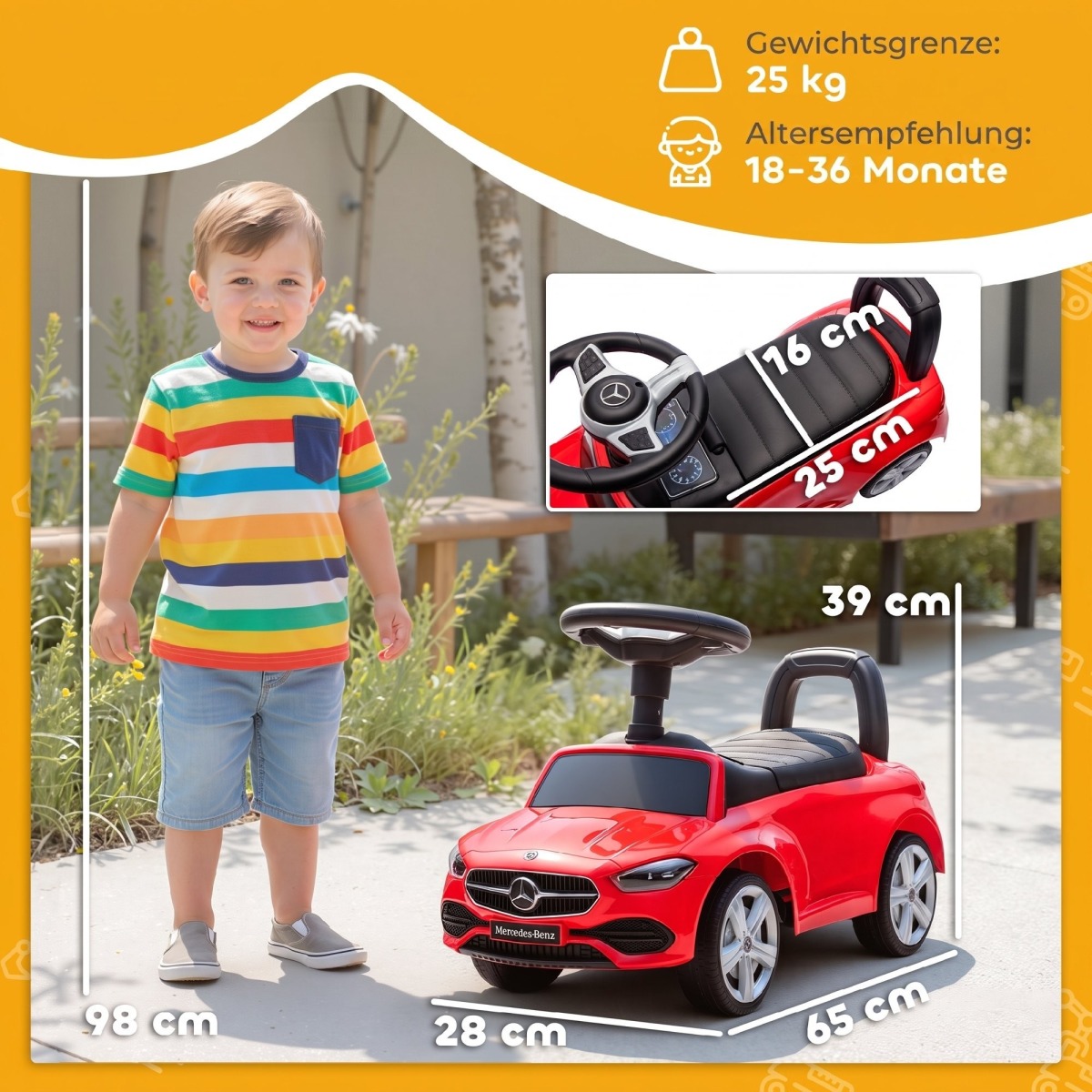 Sarkans Mercedes-Benz C-klases atstumjamais auto ar skaņas signālu un mantu nodalījumu