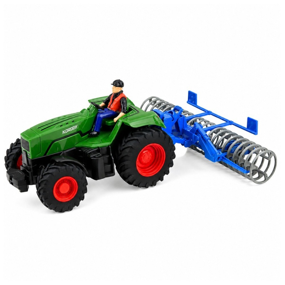 Roheline kaugjuhitav traktor põllurulli ja põllumehega, 1:24