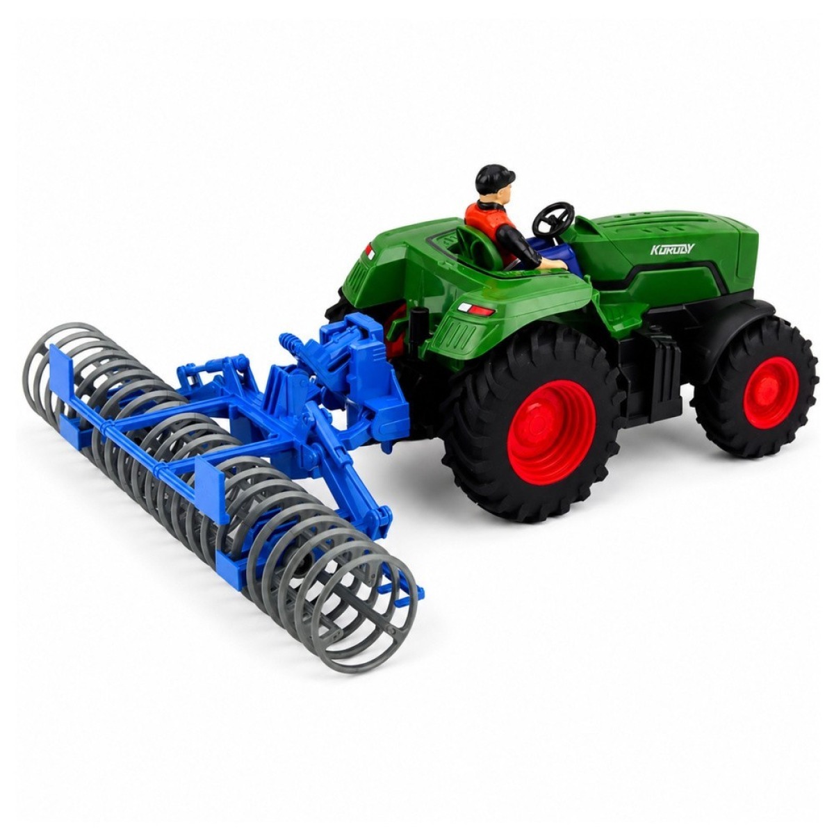 Roheline kaugjuhitav traktor põllurulli ja põllumehega, 1:24