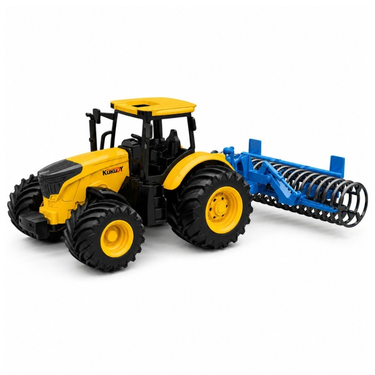 Kollane põllutraktor kultivaatorirulliga 1:24